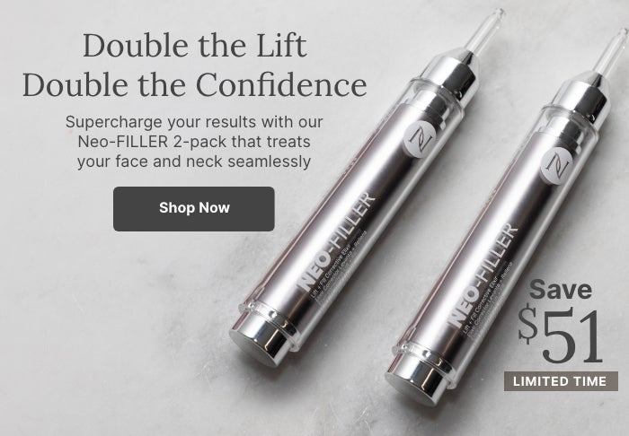 A 2-pack of Neo-FILLER tubes. Accompanying text mentions supercharging your skincare results with the Neo-FILLER 2-pack. Plus, save $51 for a limited time.